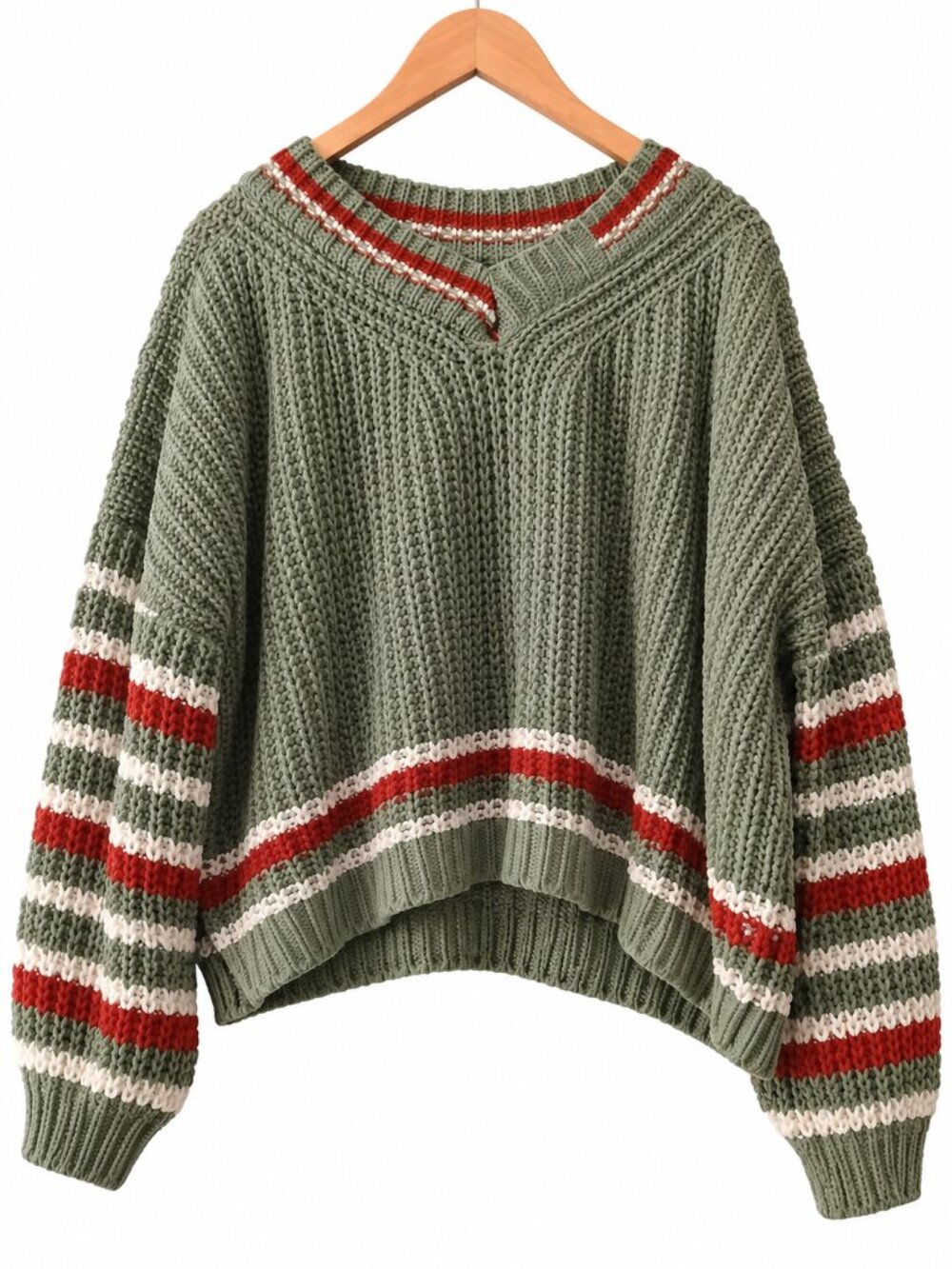 POL Green Chunky Chenille V Neck Striped Balloon Sleeve Boho Sweater S
